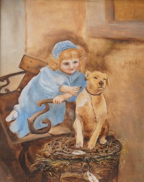 G. Sutherland, oil on ceramic panel, Study of a young girl and dog, signed and dated 1898, 21 x 17cm, ornately gilt framed. Condition - good